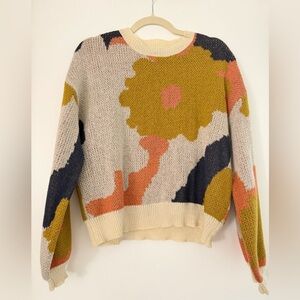 SHEIN Cream Crewneck Sweater with Mustard, Coral & Navy Floral Patch